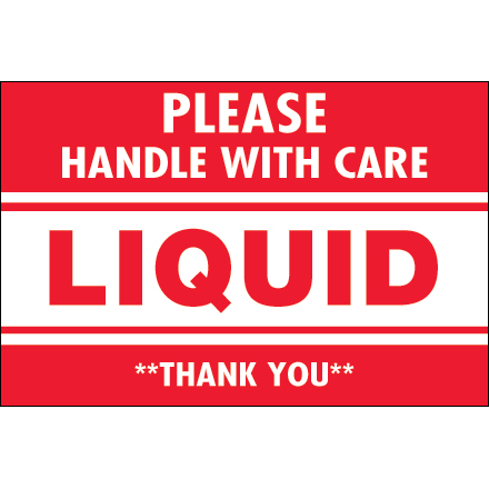 2 x 3" - "Please Handle With Care - Liquid - Thank You" Labels